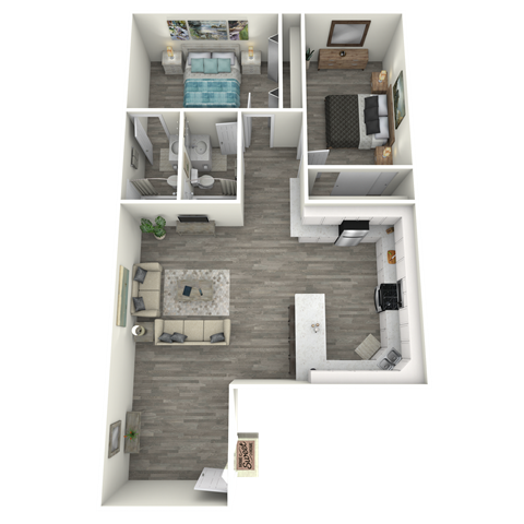 Floor plan for 2 beds, 2 baths, 881 sqft